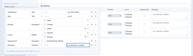 Table field type in form builder