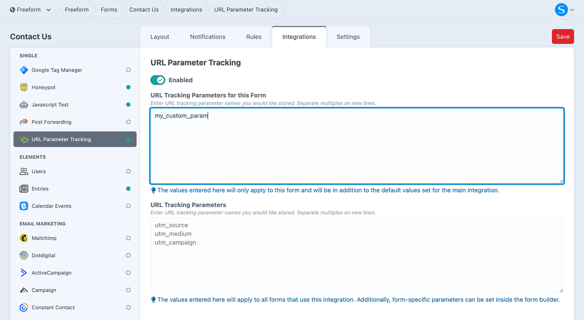 URL Parameter Tracking settings in the form builder