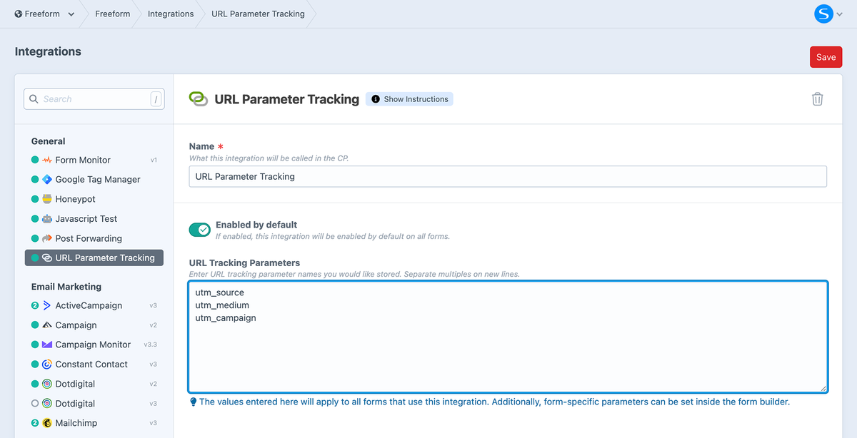 URL Parameter Tracking settings in Freeform
