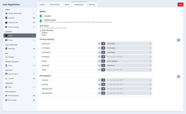 Integration configuration for User Registration form inside the form builder