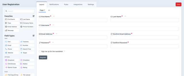 User Registration form inside the form builder