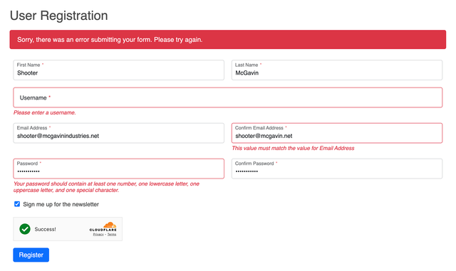 User Registration form rendered on front end with error handling