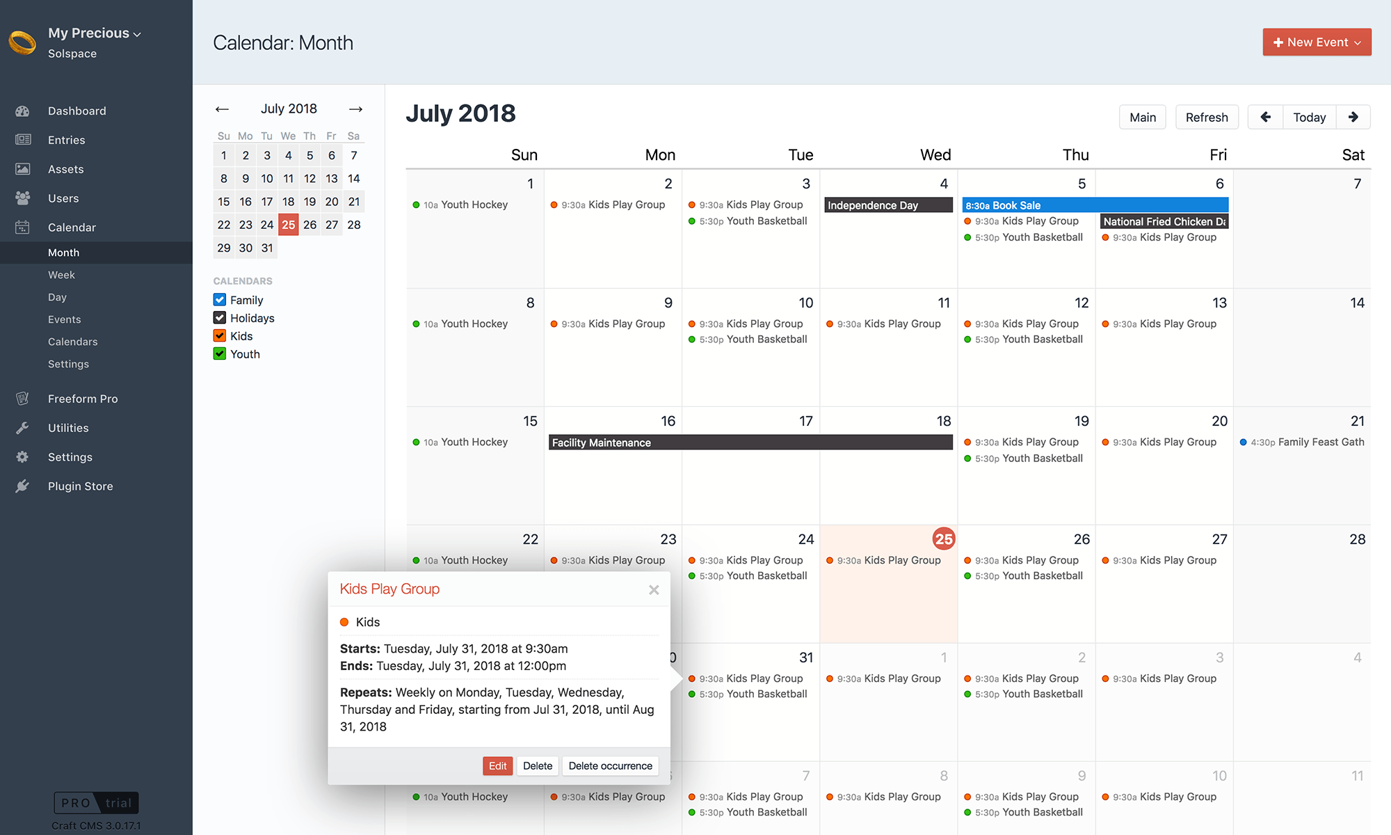 Month Events view with Side bar