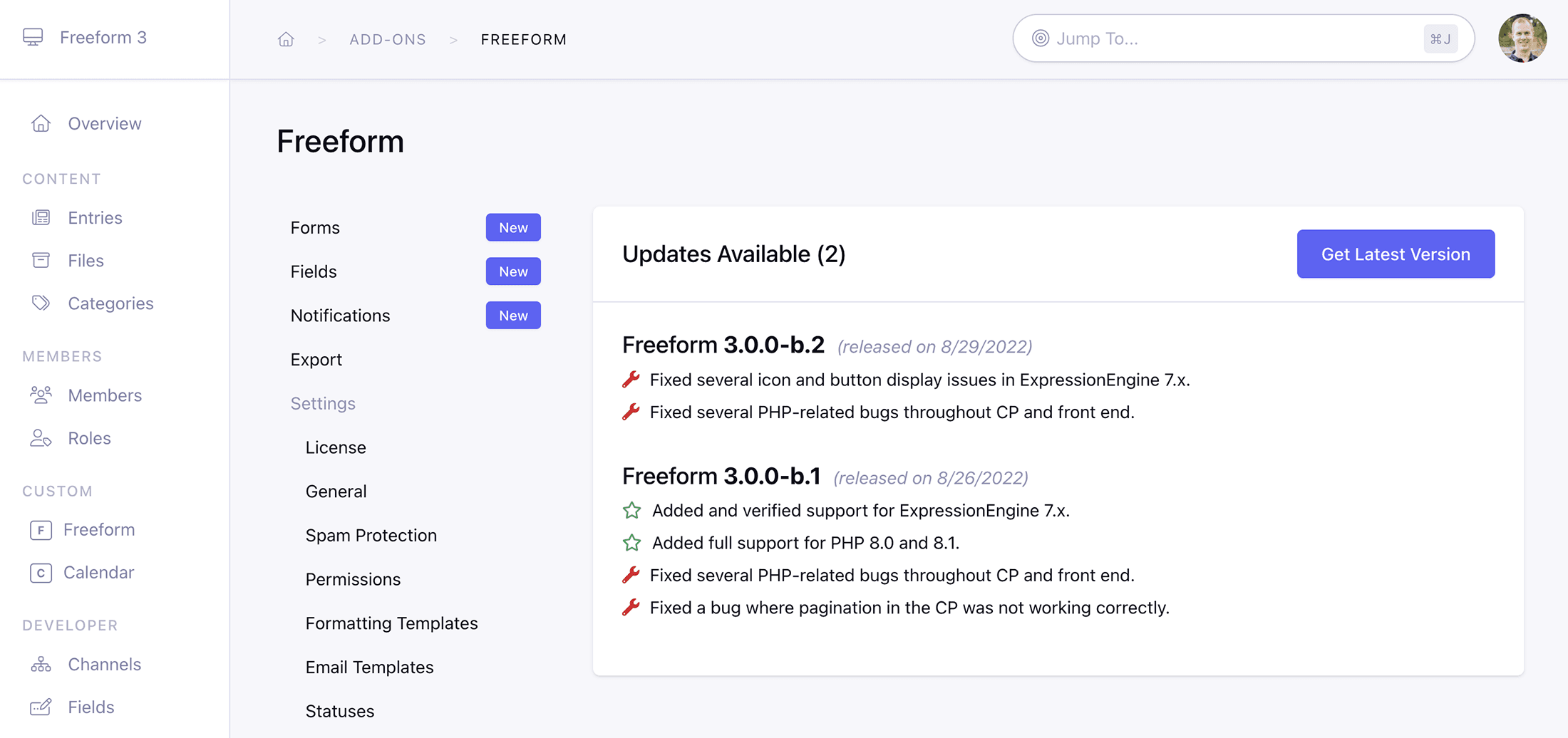 Freeform's Built in Update Service