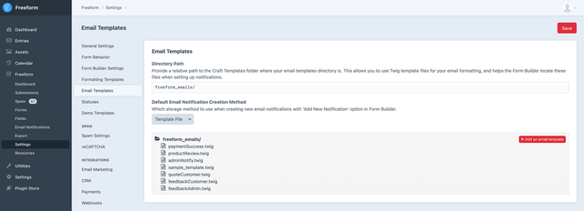 Form builder Email templates settings