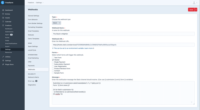 Slack Webhook setup inside Freeform