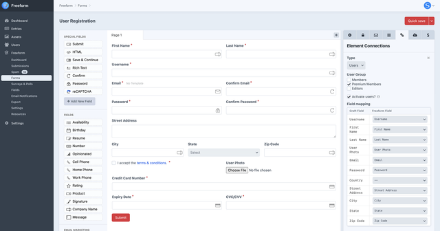 Map Submission Data to Craft Elements - User Registration form